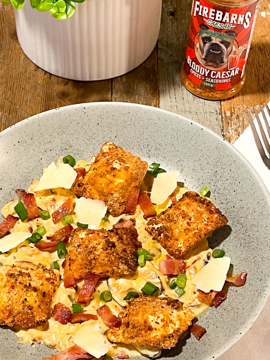 Fried Bacon and Mushroom Ravioli – Les sauces Firebarns