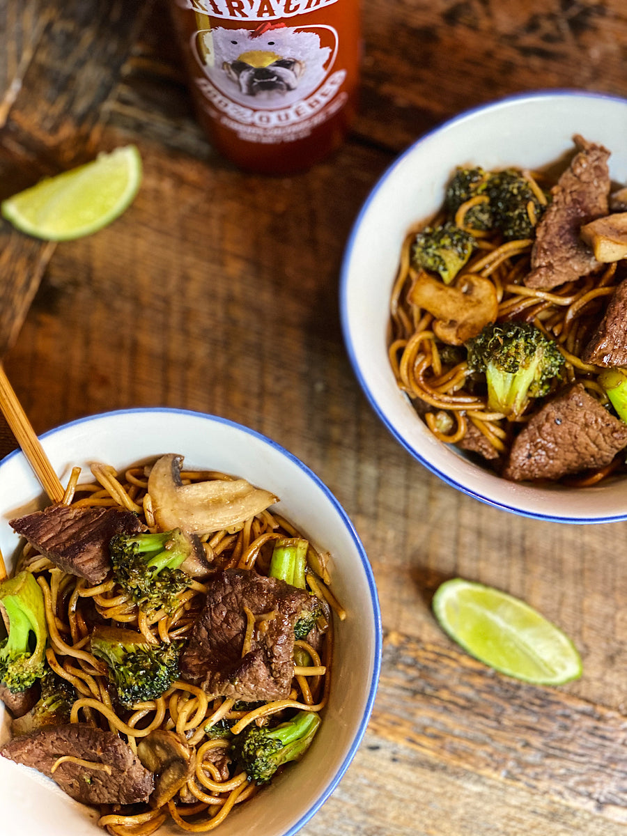 CHINESE STEAK, BROCCOLI AND SRIRACHA NOODLES – Les sauces Firebarns