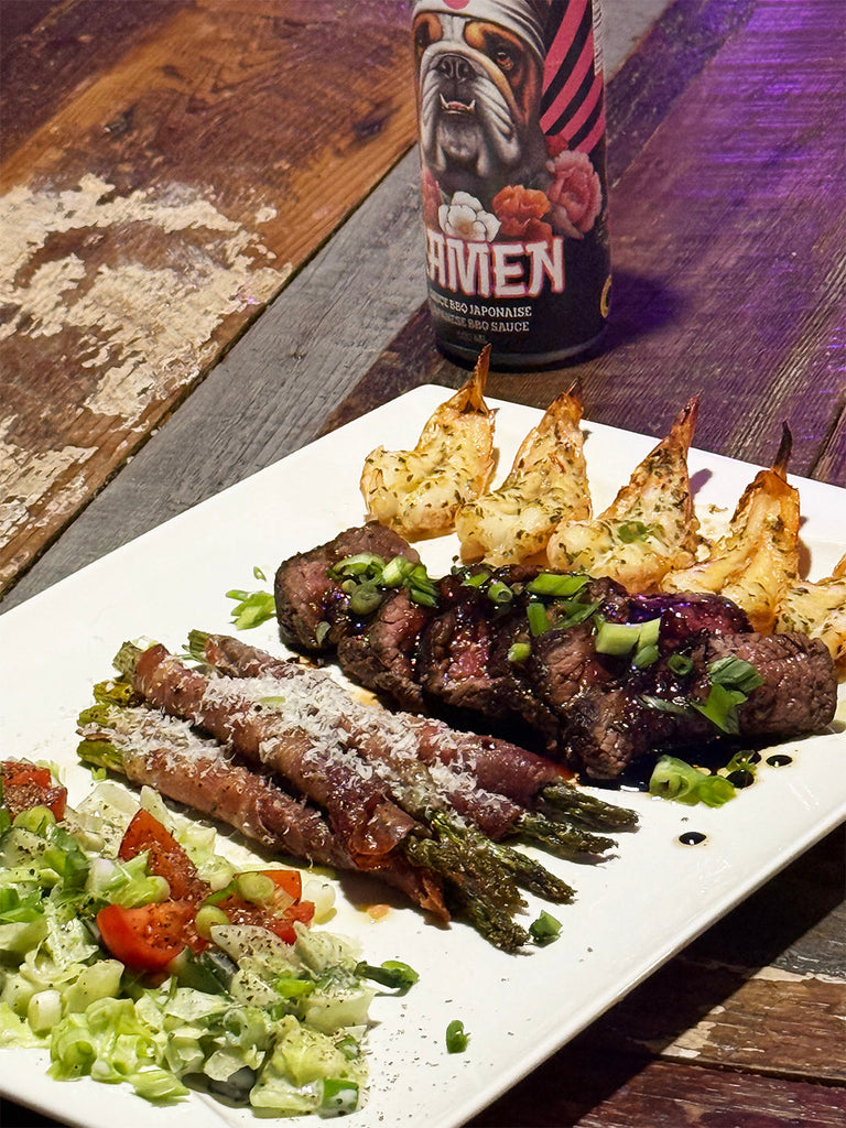 assiette président bavette sauce bbq japonaise ramen crevettes papillon ail asperges croustillantes proscuitto parmesan