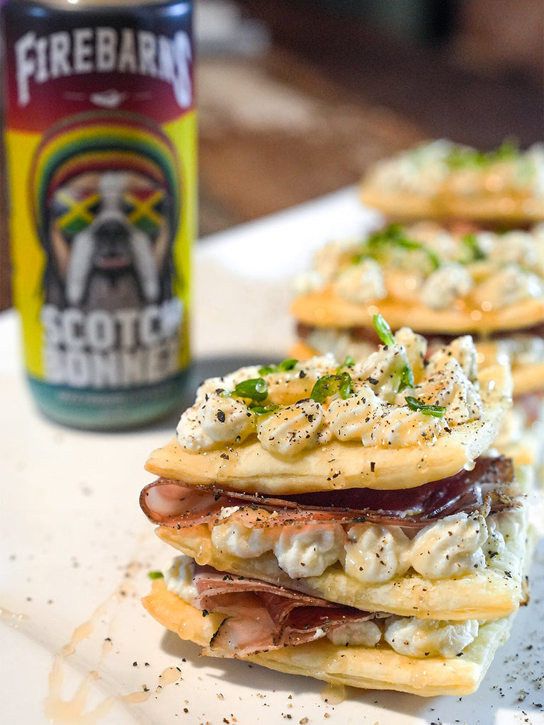 mille-feuille ricotta proscuitto sauce piquante firebarns scotch bonnet