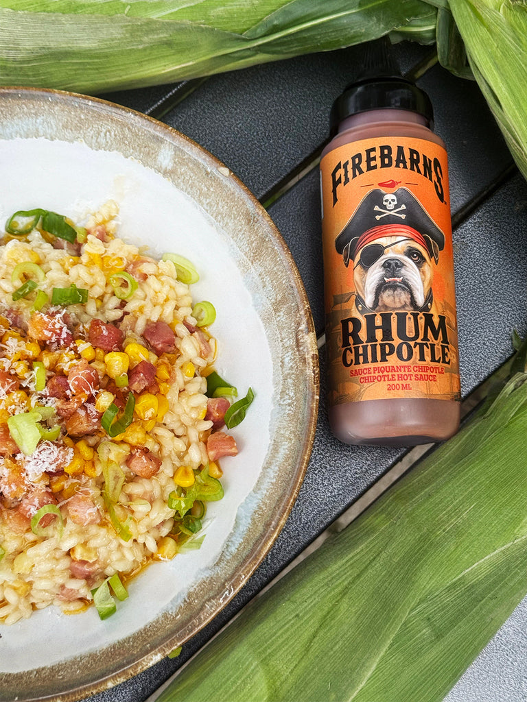 risotto maïs pancetta sauce piquante rhum chipotle