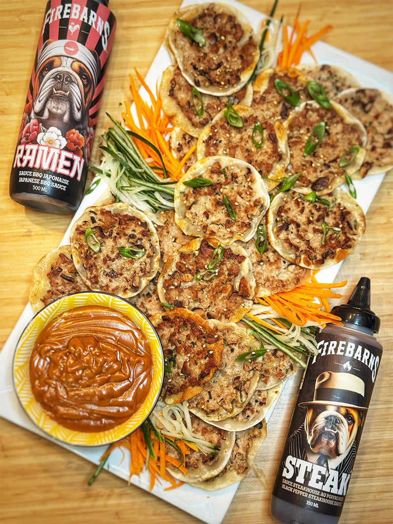 smash dumplings porc shiitake sauce aux arachides sauce ramen bbq japonaise sauce bbq steak firebarns